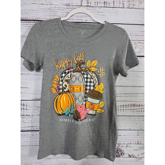 Simply Southern Women's T-shirt Small Gray Fall Pumpkin Coffee Autumn tee - Picture 1 of 3